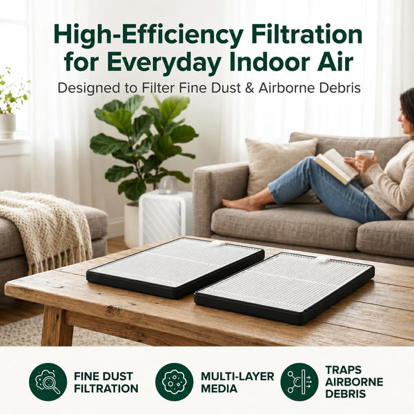 Two replacement particle filters on a wooden coffee table in front of a woman reading on the couch, highlighting fine dust filtration