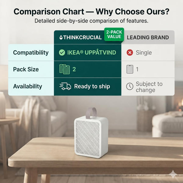 Comparison chart: Think Crucial 2-pack compatible with IKEA UPPÅTVIND versus a leading brand single filter, shown above an UPPÅTVIND purifier on a table