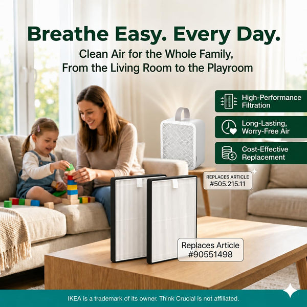 Mother and daughter playing with blocks near an UPPÅTVIND air purifier, with two replacement filters labeled as replacing IKEA Article #90551498