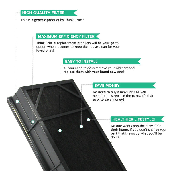 Angled close-up of the black filter frame and dark media, with callouts noting it is a generic Think Crucial part