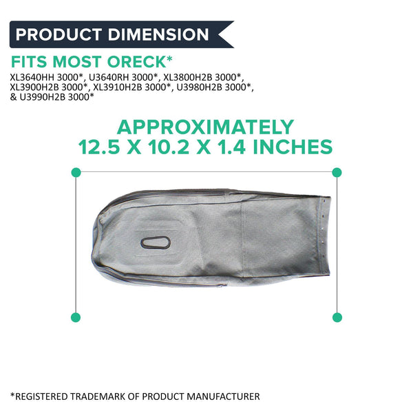 Dimension diagram: outer bag about 12.5 x 10.2 x 1.4 in; fits Oreck XL3640HH, U3640RH, XL3800H2B and other 3000 models