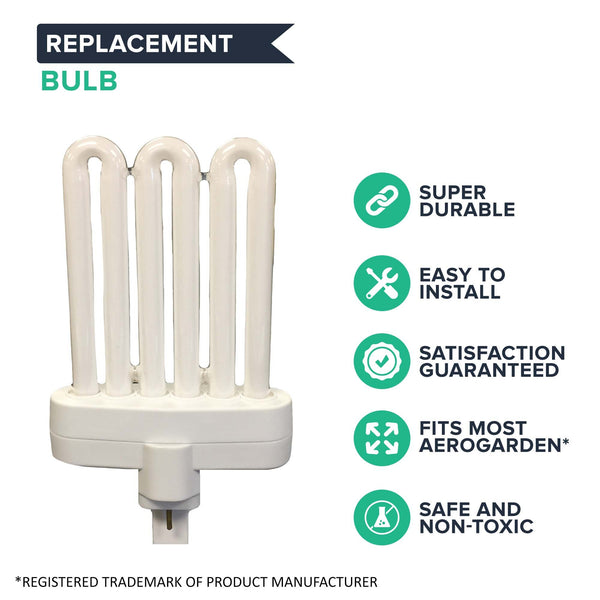 Replacement bulb with four U-shaped tubes; icons: super durable, easy to install, satisfaction guaranteed, fits most AeroGarden, safe and non-toxic