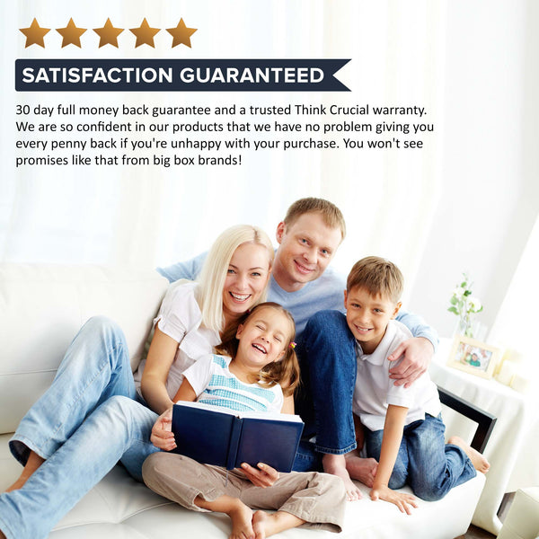 Family smiling on a couch; Think Crucial satisfaction guarantee with 30-day money-back guarantee and warranty