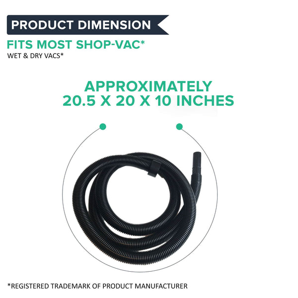 Dimension diagram of the coiled hose: approximately 20.5 x 20 x 10 inches, fits most Shop-Vac wet and dry vacs