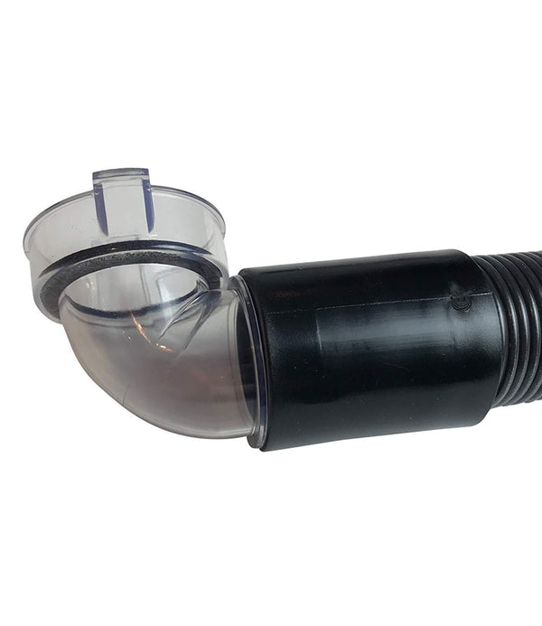 Side view of the clear curved elbow fitting joined to the black hose cuff