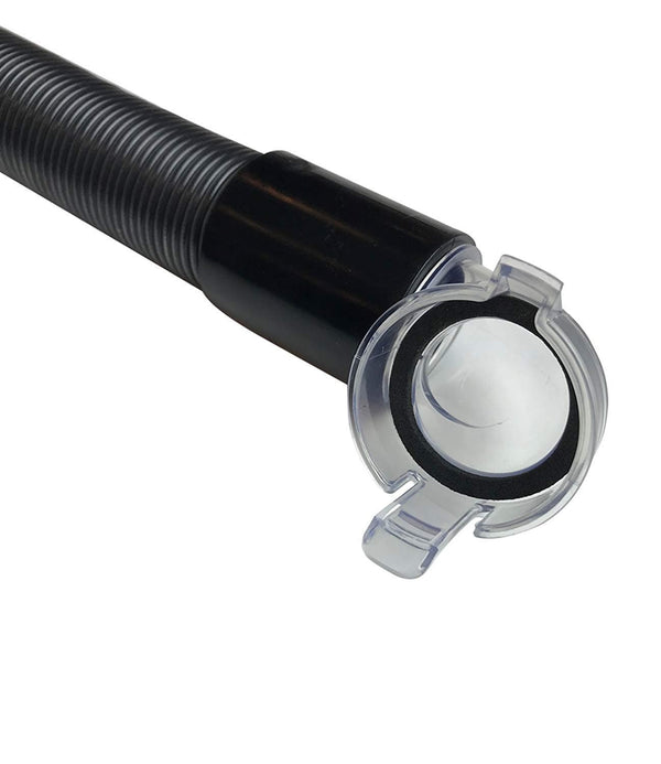 Close-up of the hose's clear plastic elbow cuff with locking tabs and a black foam gasket