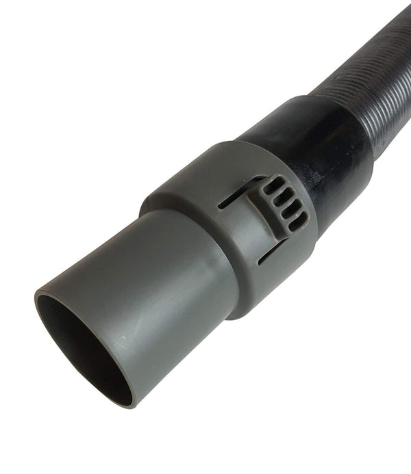 Close-up of the hose's gray wand-end connector with its release latch