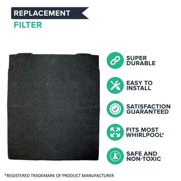 Single black carbon pre-filter sheet, beside icons for easy install and fit with most Whirlpool purifiers