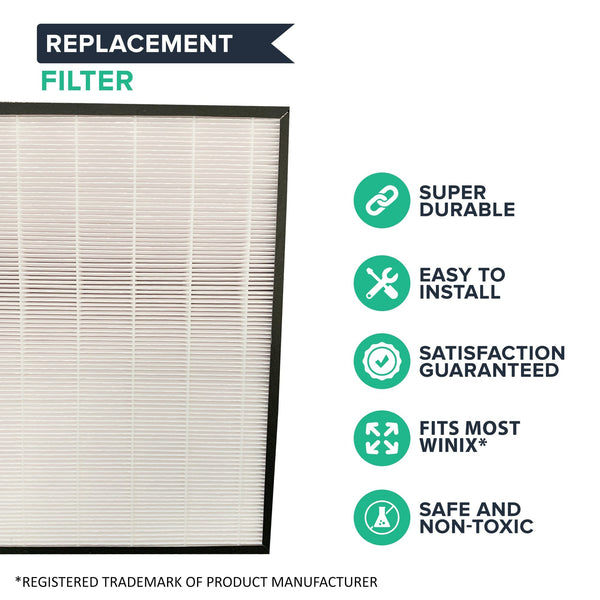 Close-up of the white pleated particle filter in its frame, with icons for durability, easy install and Winix fit