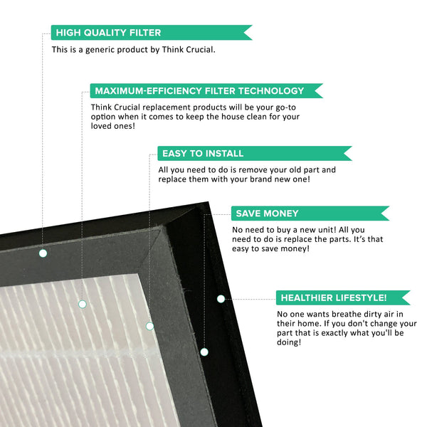 Corner close-up of the filter frame and pleated media, with callouts on its design and easy replacement