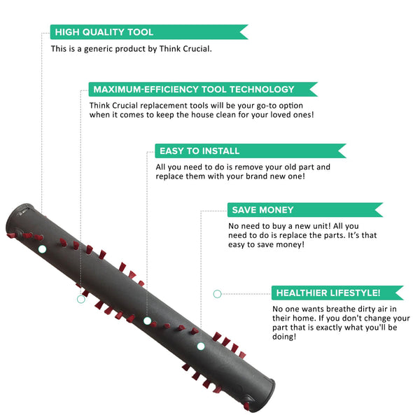 Full brush roller with spiral red bristle strips and callouts: high quality tool, efficient tool technology, easy to install, save money, healthier lifestyle