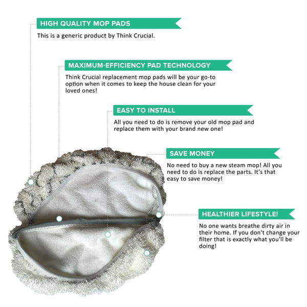 Think Crucial Replacement Mop Pads - Compatible with Bissell 1252 Symphony Hard Floor Vacuum - Steam Mop Pad Parts - Model 940, 1440, 1544 Series - Part #5938, 203-2633, 1606668, 1606669
