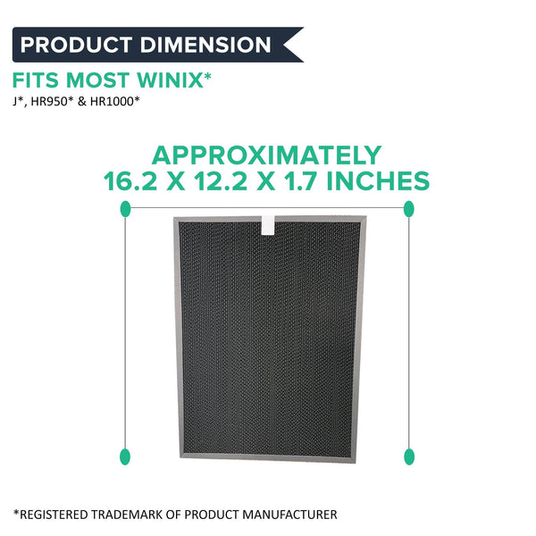 Dimension diagram of the carbon filter: about 16.2 x 12.2 x 1.7 inches, fits Winix J, HR950 and HR1000