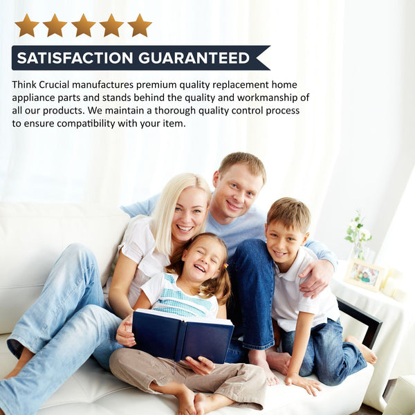 Family of four smiling on a white sofa with a book, beside a note on Think Crucial's quality control