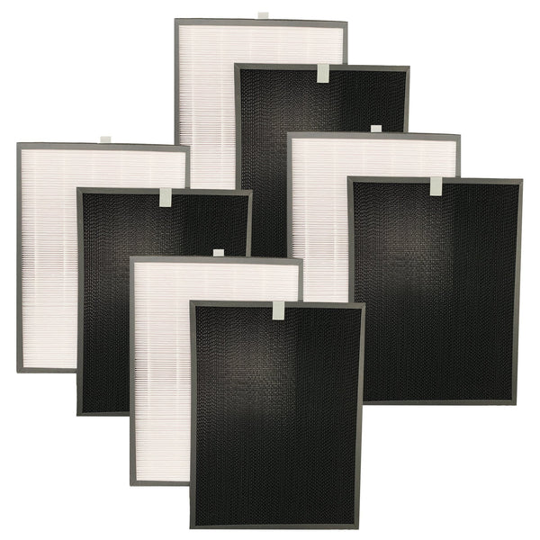 Four sets of white pleated particle filters and black carbon filters, shown overlapping