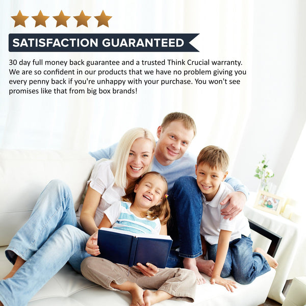 Satisfaction guarantee banner above a family of four smiling on a white couch, the girl holding a book